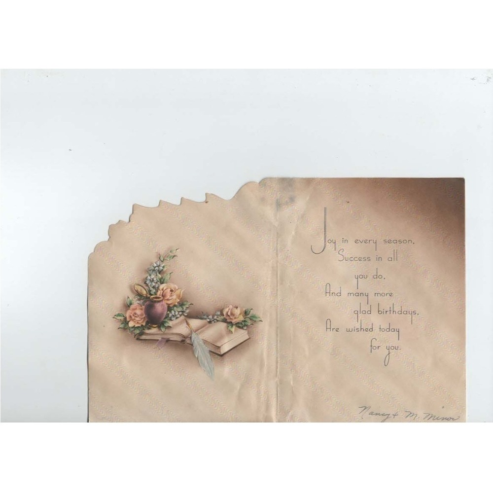 Vintage Die Cut Birthday Greeting Card Floral Bookends Scalloped Edge VG - Picture 2 of 2